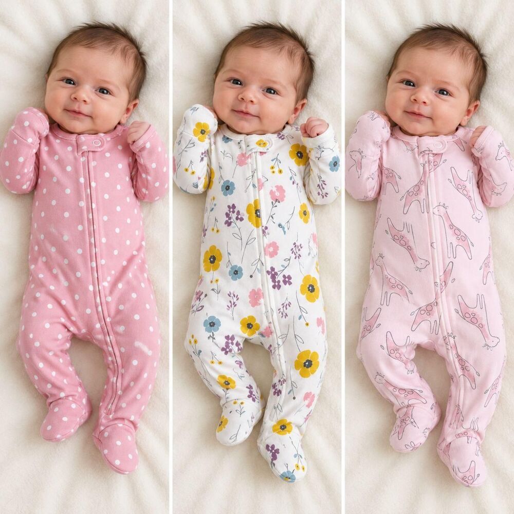 Child of Mine Carter's Newborn Girls 3 Pack Cotton Footed Sleepers Pajamas Zip
